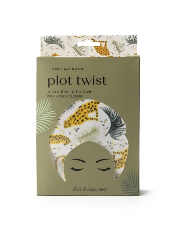 Microfiber turbo towel box with tiger-print plot twist design and artwork