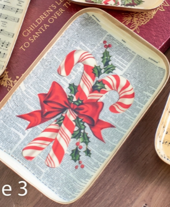 Rectangular trinket tray with candy canes, holly and a red bow