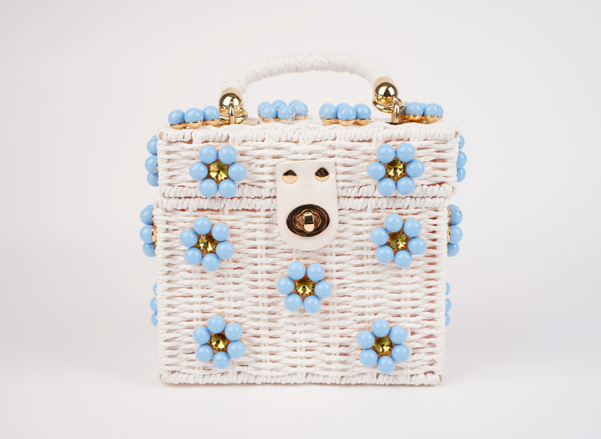 Sea Breeze woven straw handbag with blue beaded clusters and gold-tone handles