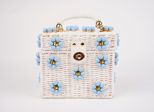 Sea Breeze woven straw handbag with blue beaded clusters and gold-tone handles