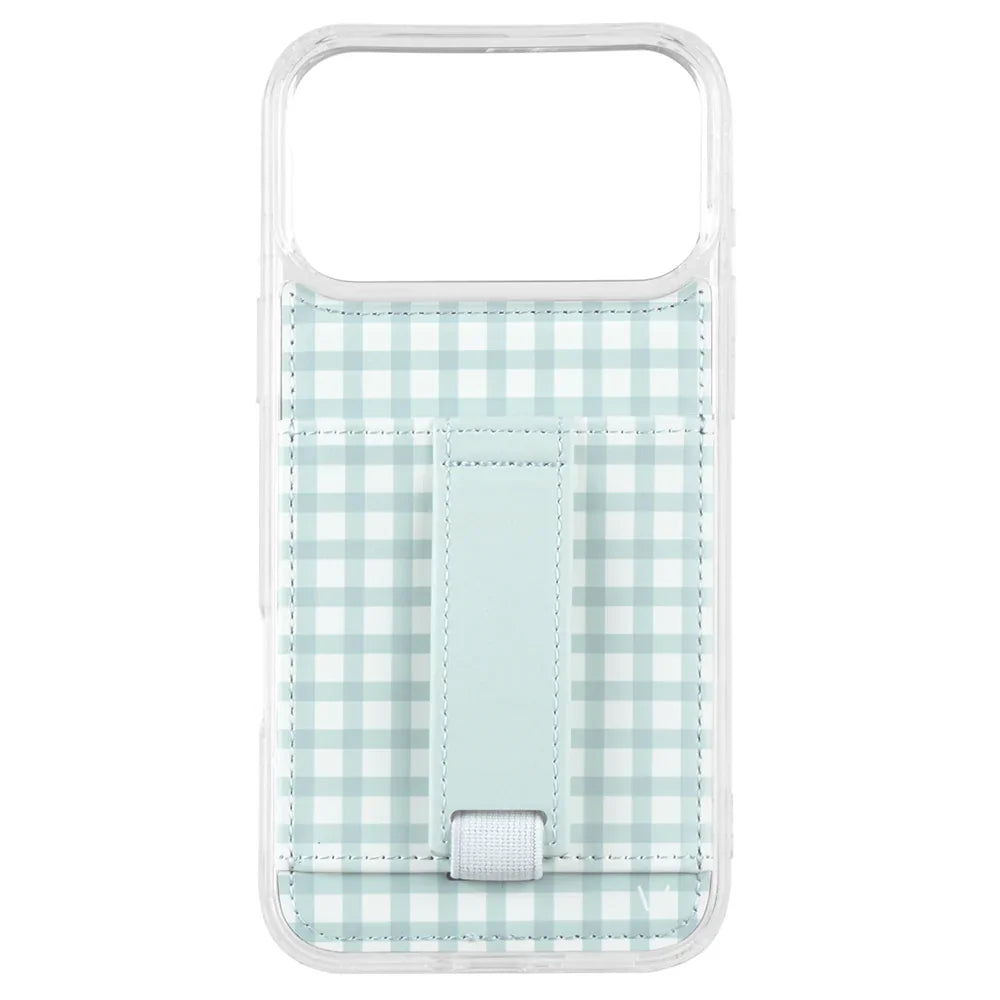 Light blue gingham phone case with clear back and front card slot, with strap