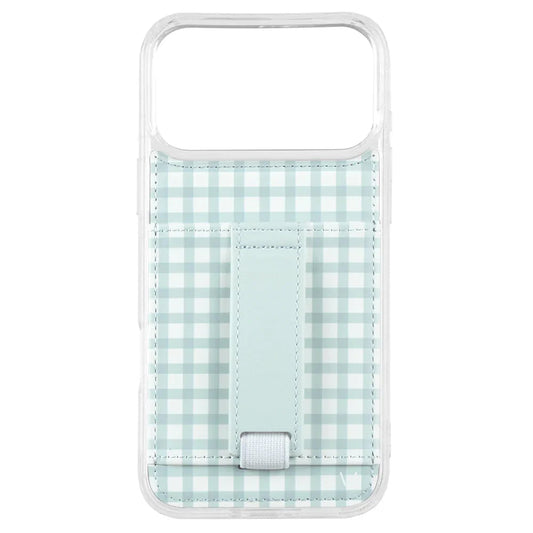 Light blue gingham phone case with clear back and front card slot, with strap