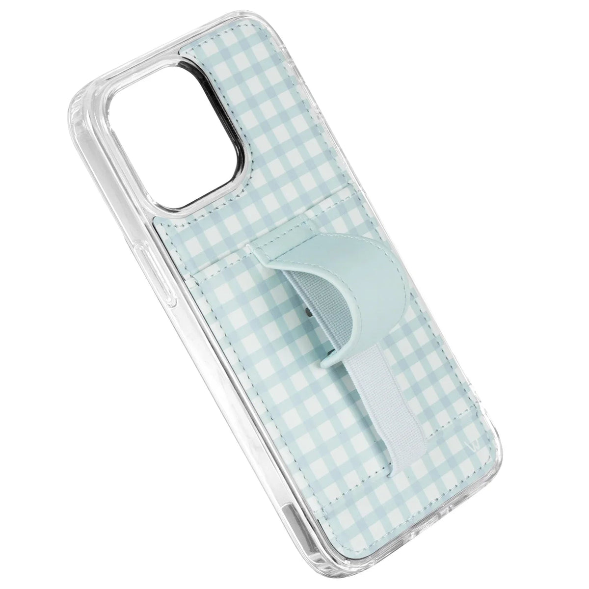 Light blue gingham phone case with clear edges and strap-style card holder