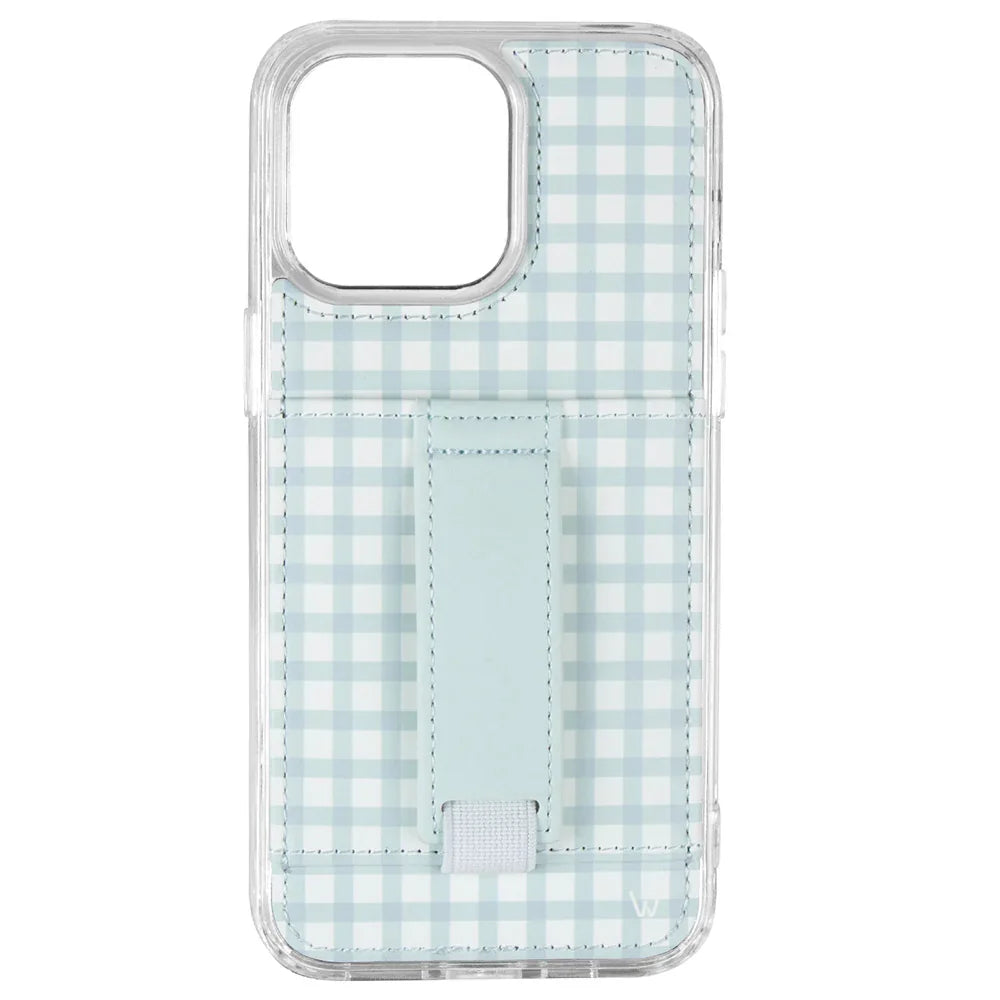 Light blue gingham phone case front with clear cover and vertical strap pocket