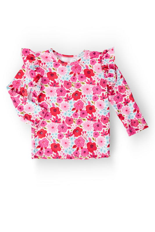 Girls' long-sleeve ruffle tee in white with pink and red flower print