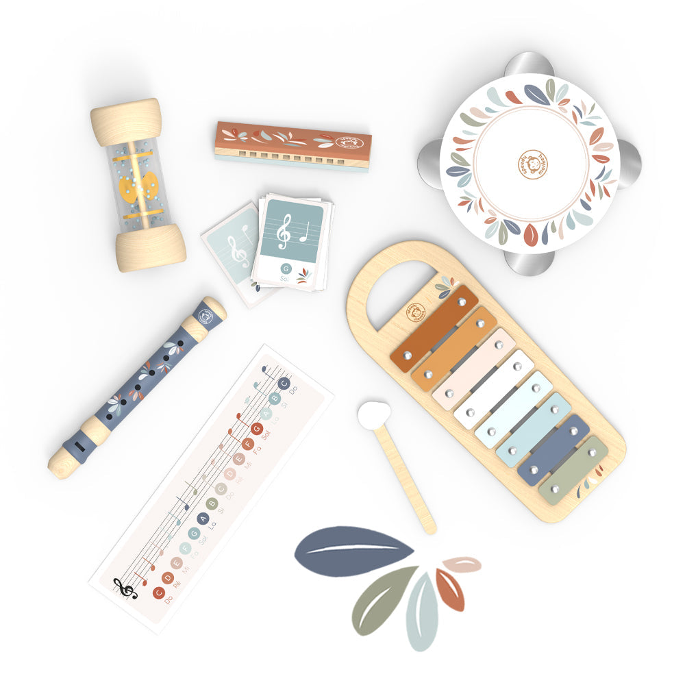 Children's five-piece musical instrument set with colorful xylophone, tambourine, recorder and shaker