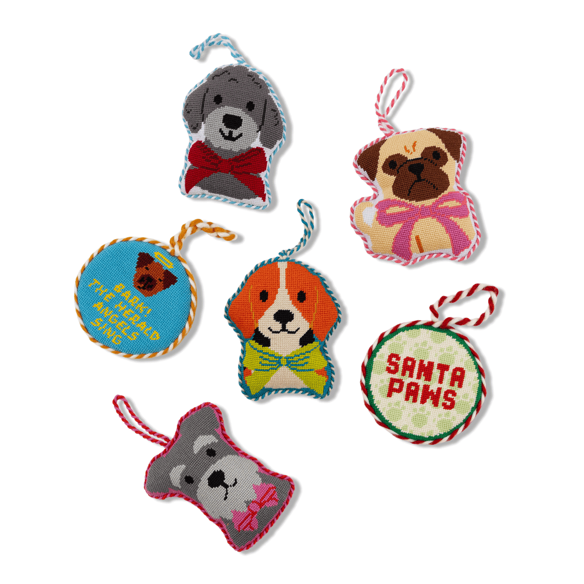 Shape pet ornament gift set with five stitched plush animal ornaments, each with a hanging loop