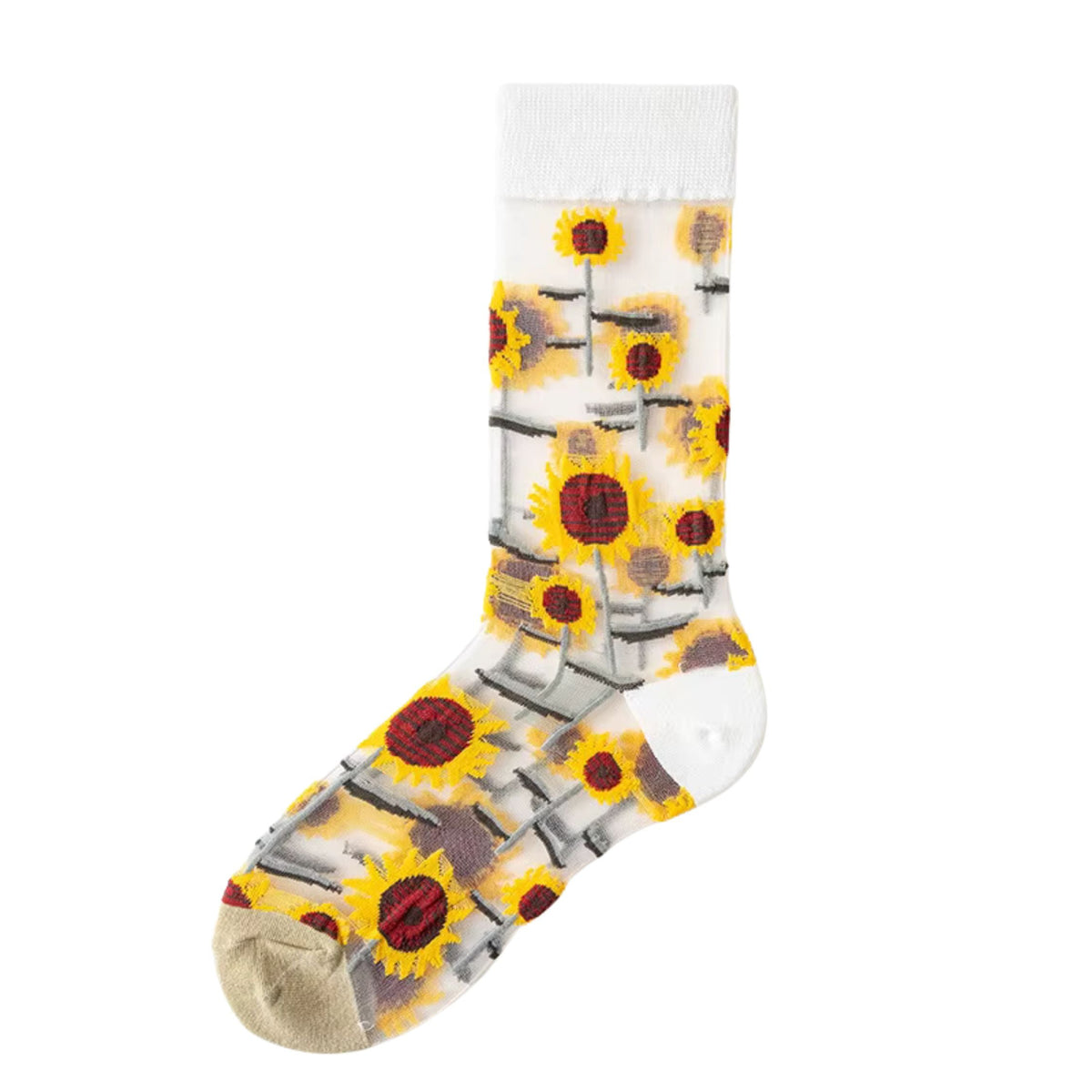 Sheer crew socks with yellow sunflower grid pattern, beige toe, and red centers on white