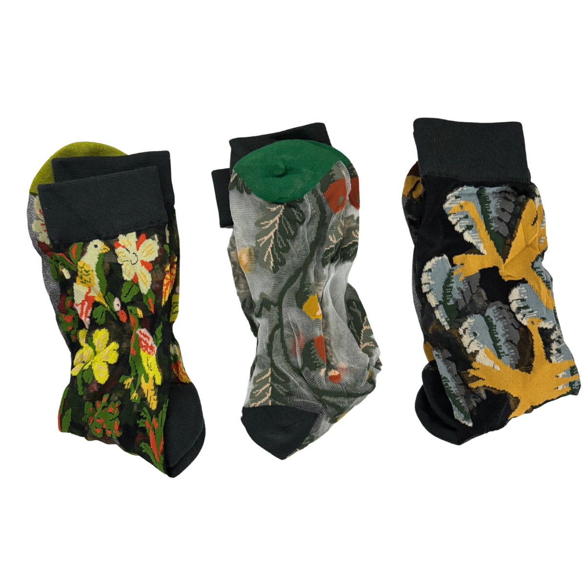 Sheer plant lover socks set with four botanical prints, green and dark cuff edges