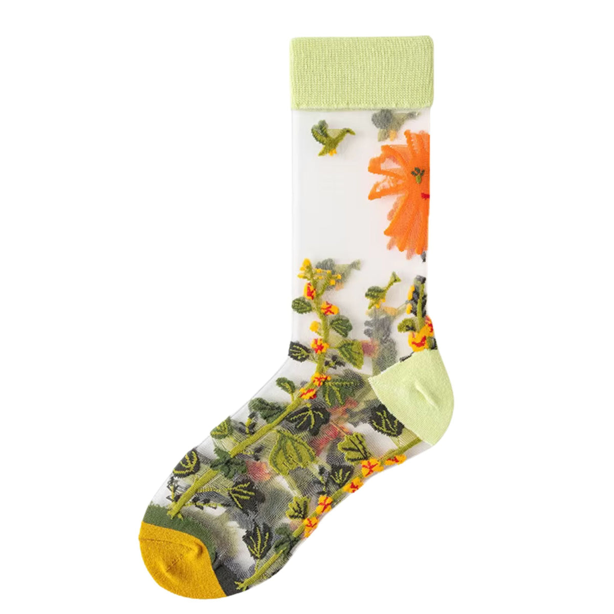 Sheer crew socks with orange flowers, green vines, and lime cuff on white