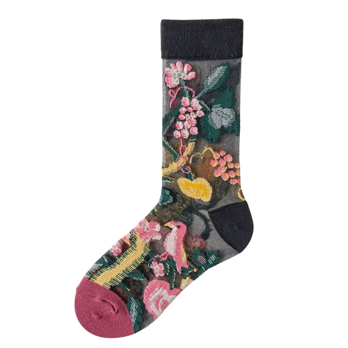 Sheer crew socks on dark charcoal with pink blossoms, green leaves, and maroon toe