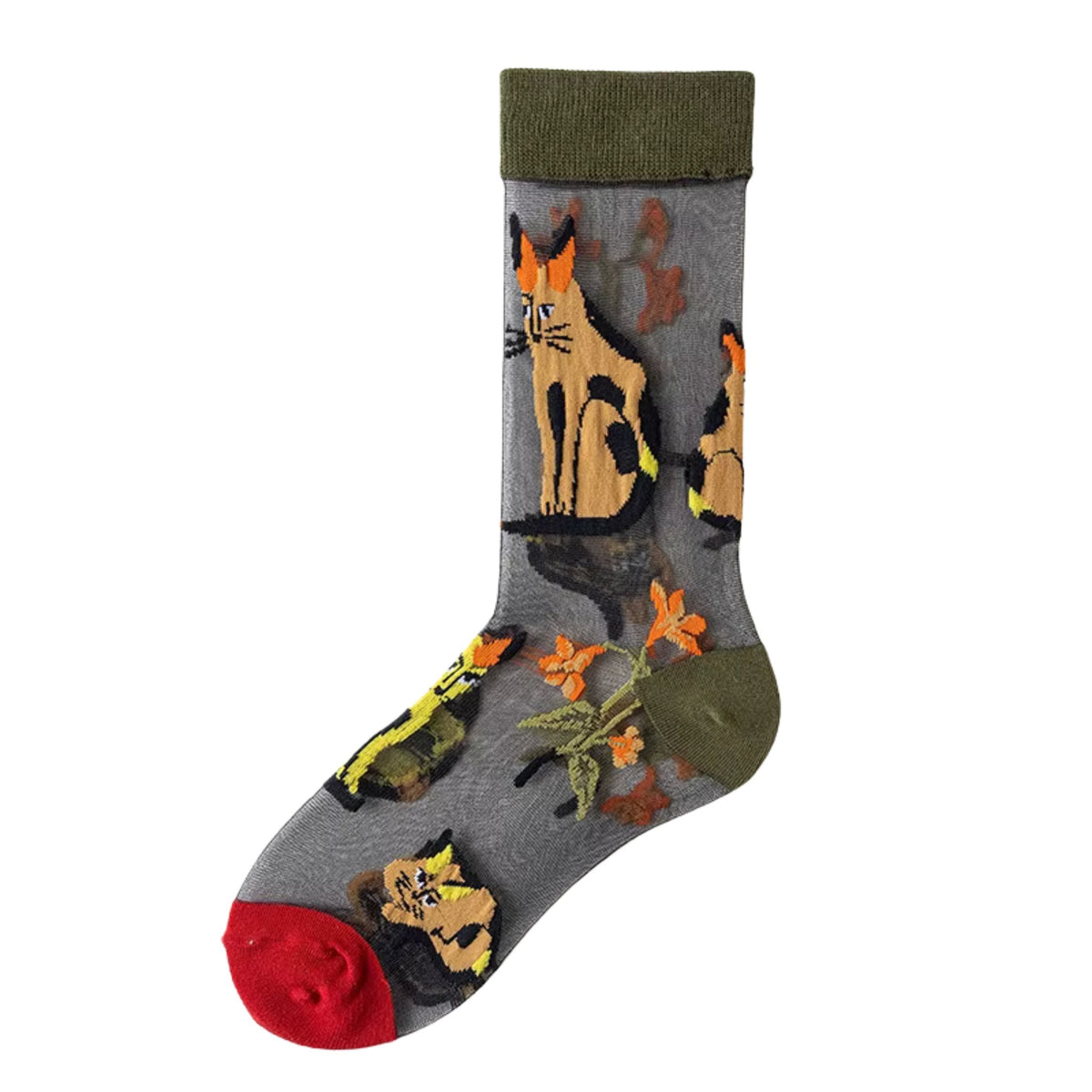 Sheer crew socks with cat faces, orange accents, and dark green cuff on grey