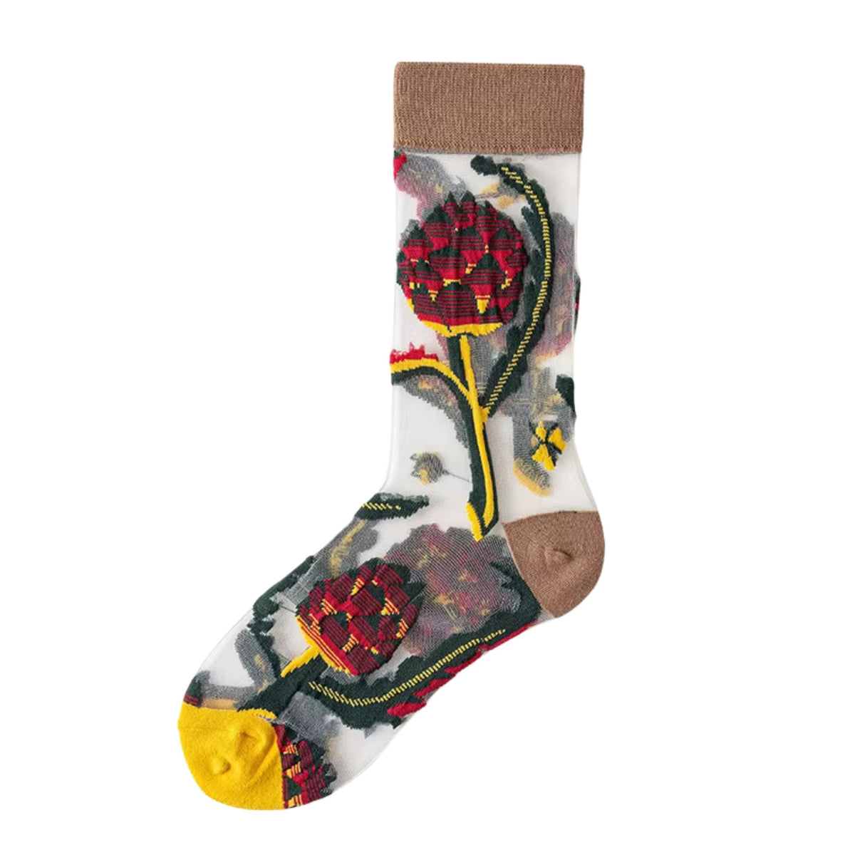 Sheer crew socks with red plaid balloon motif and black-yellow vines on white