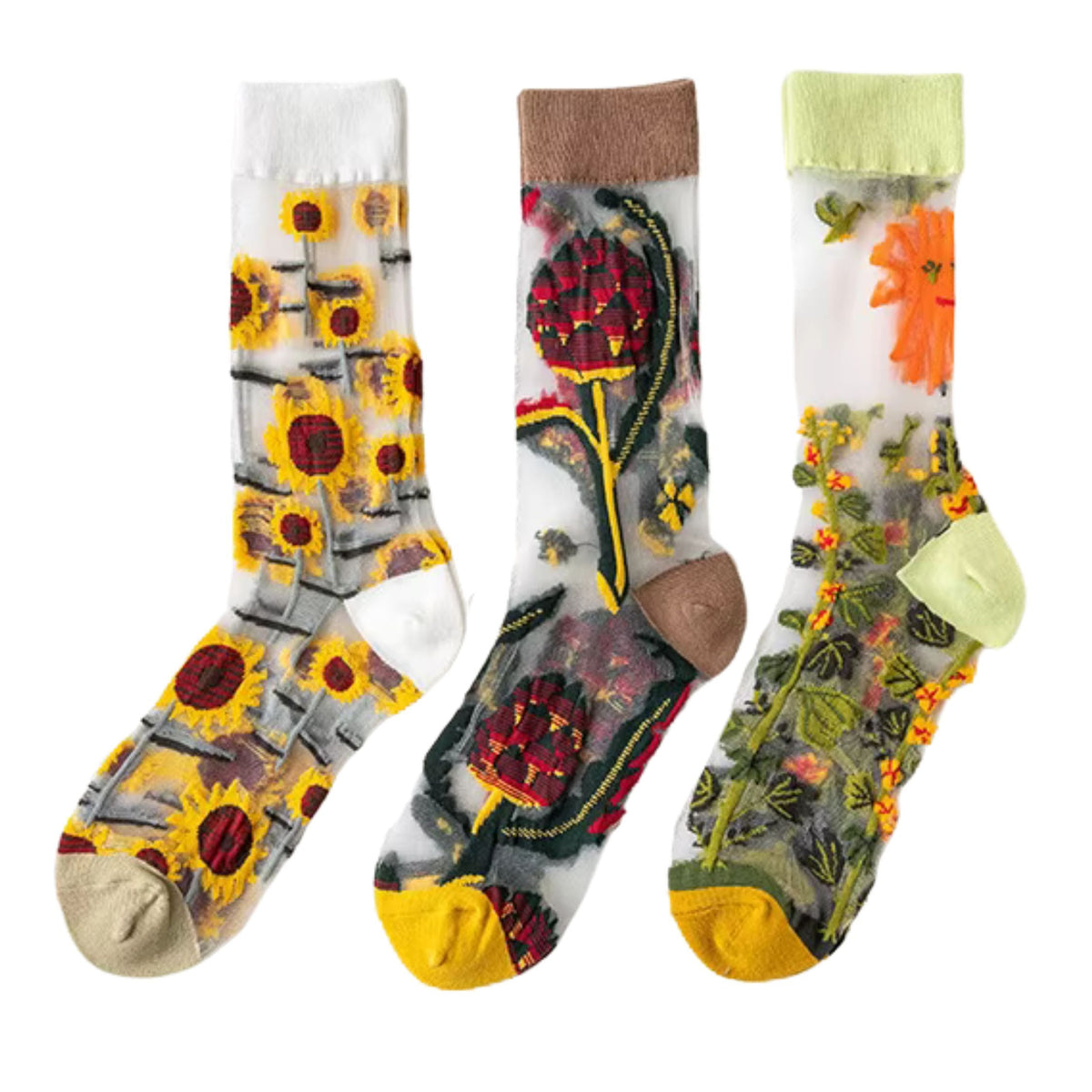 Sheer crew socks multipack with sunflower, red plaid motif, and orange floral on white