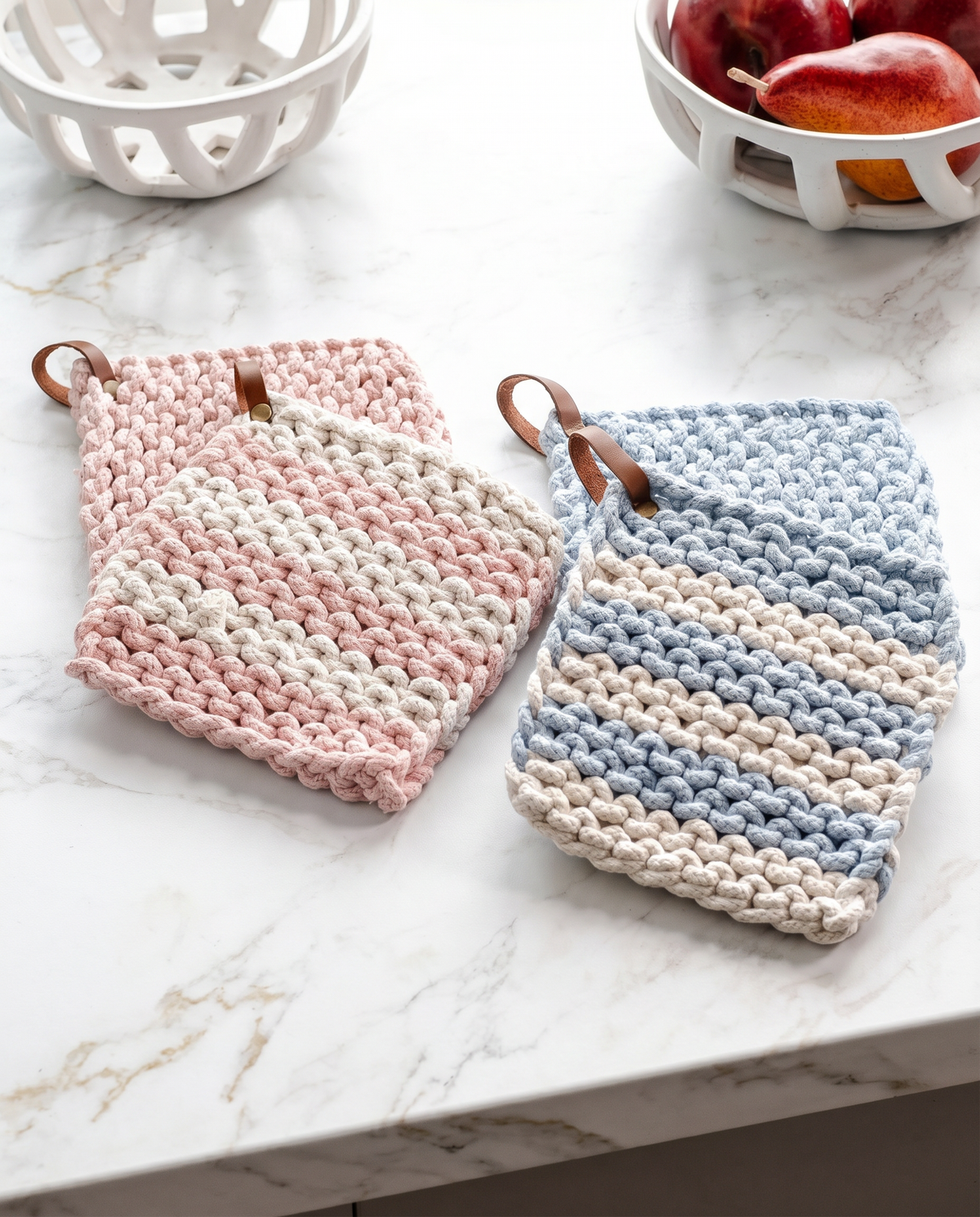 Chunky knit cotton pot holders, pink square and light blue striped with cream
