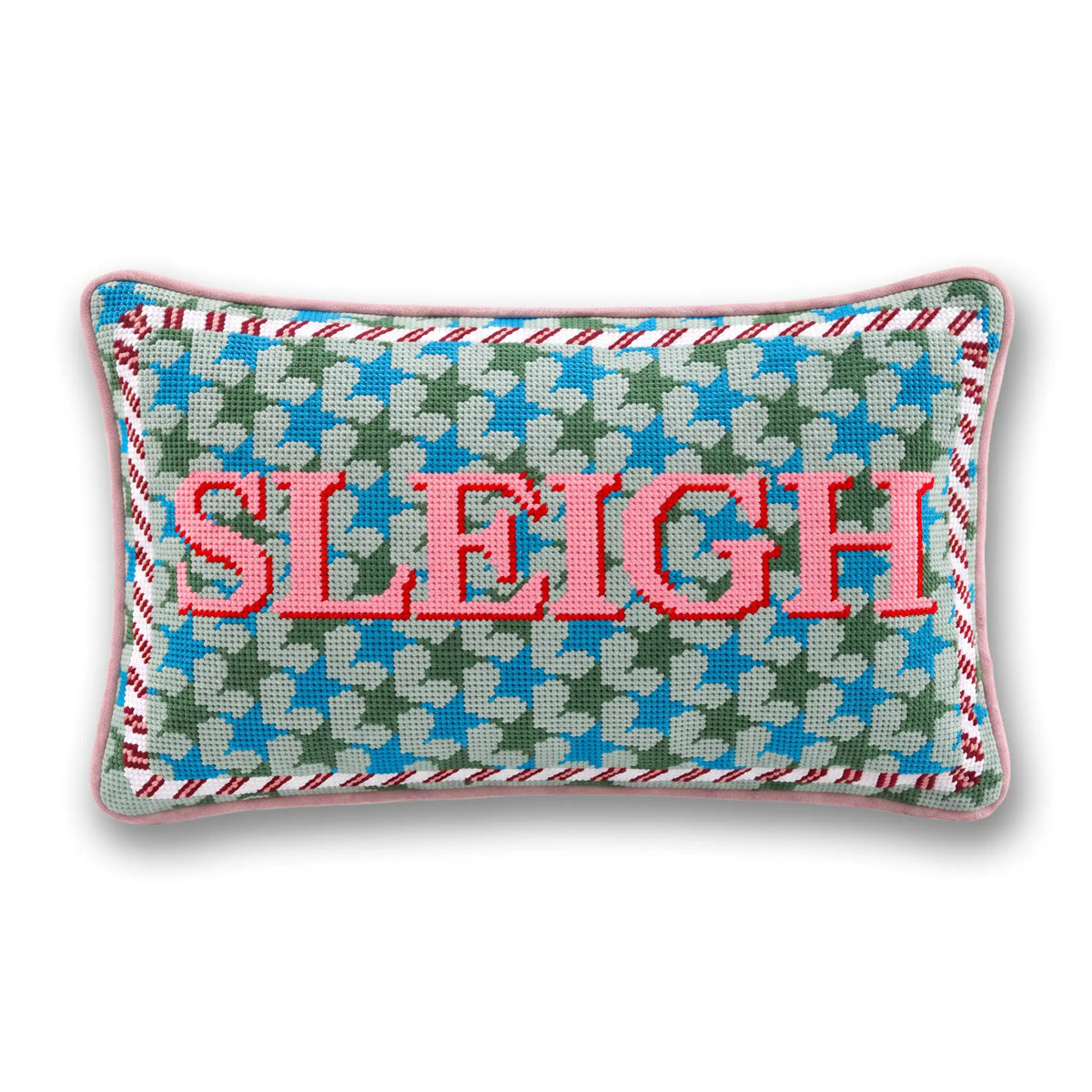 Rectangular needlepoint holiday pillow with teal, green, blue pattern and red 'SLEIGH' text