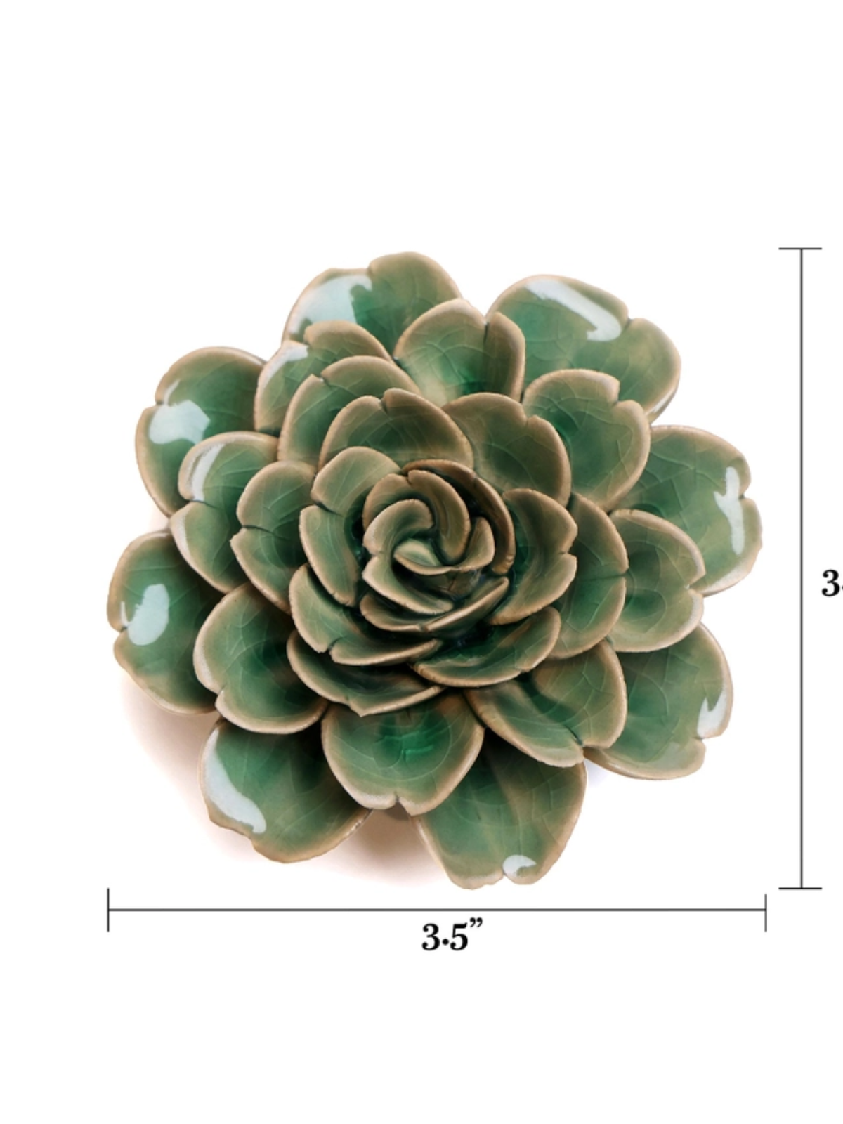 Ceramic green rose ornament, 3.5 in wide, layered petals with dark rosette center