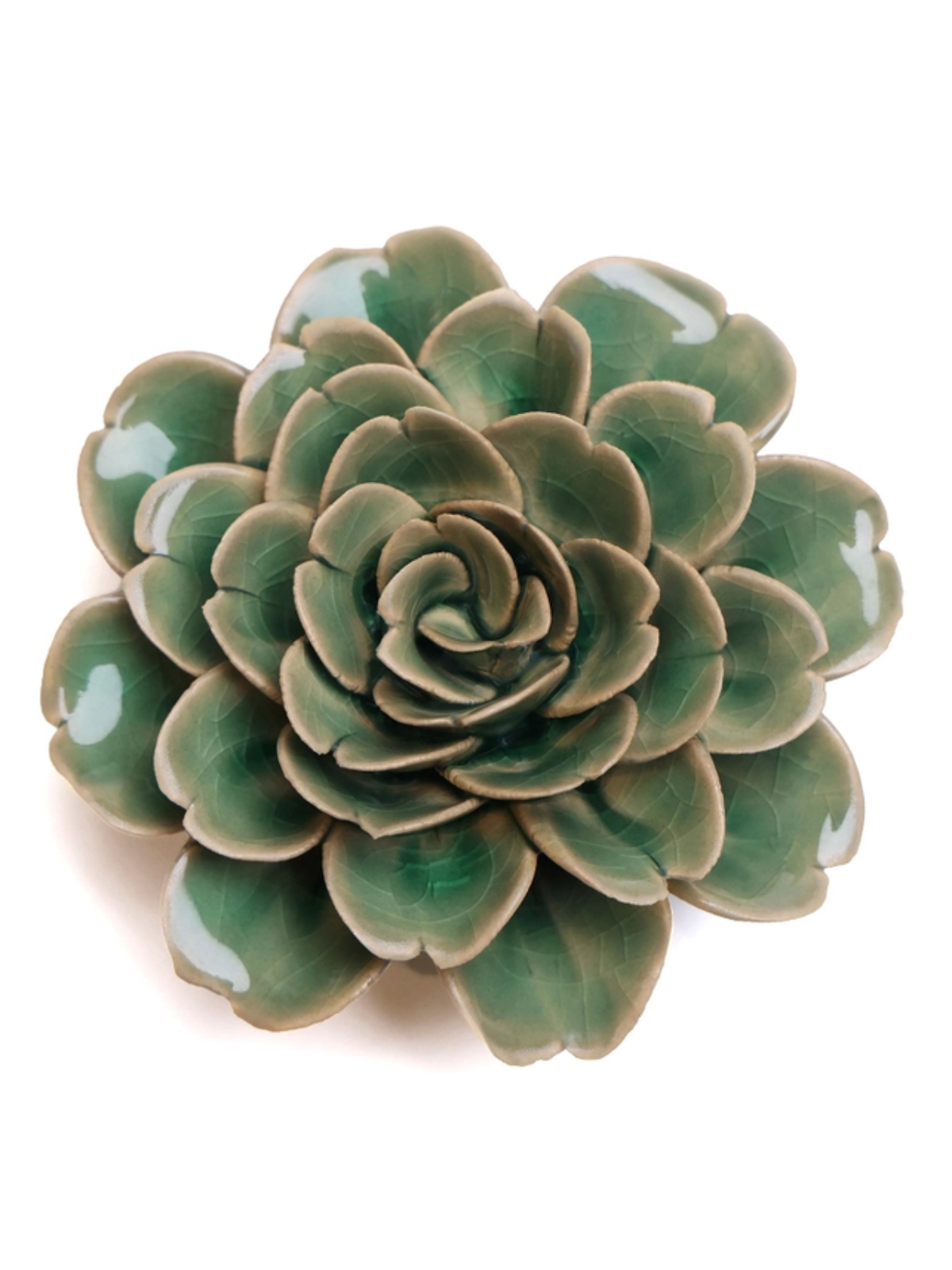 Ceramic green rose ornament with layered petals and dark central rosette
