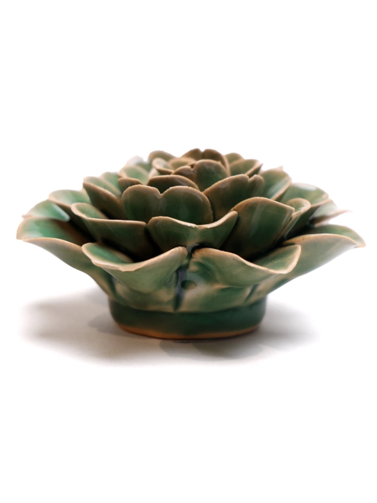 Ceramic green rose ornament with dish base and layered petals, dark center