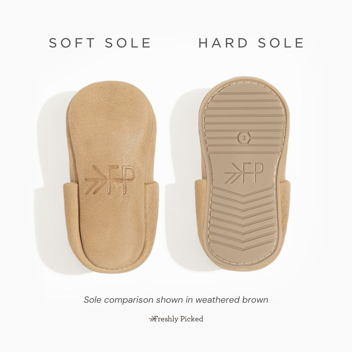 Soft sole and hard sole comparison bottoms for rose gold baby shoes