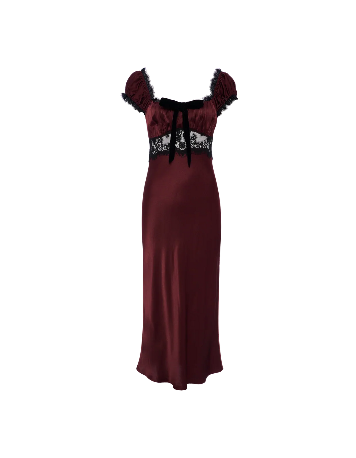Burgundy midi dress with black lace bodice and ribbon bow, short puff sleeves