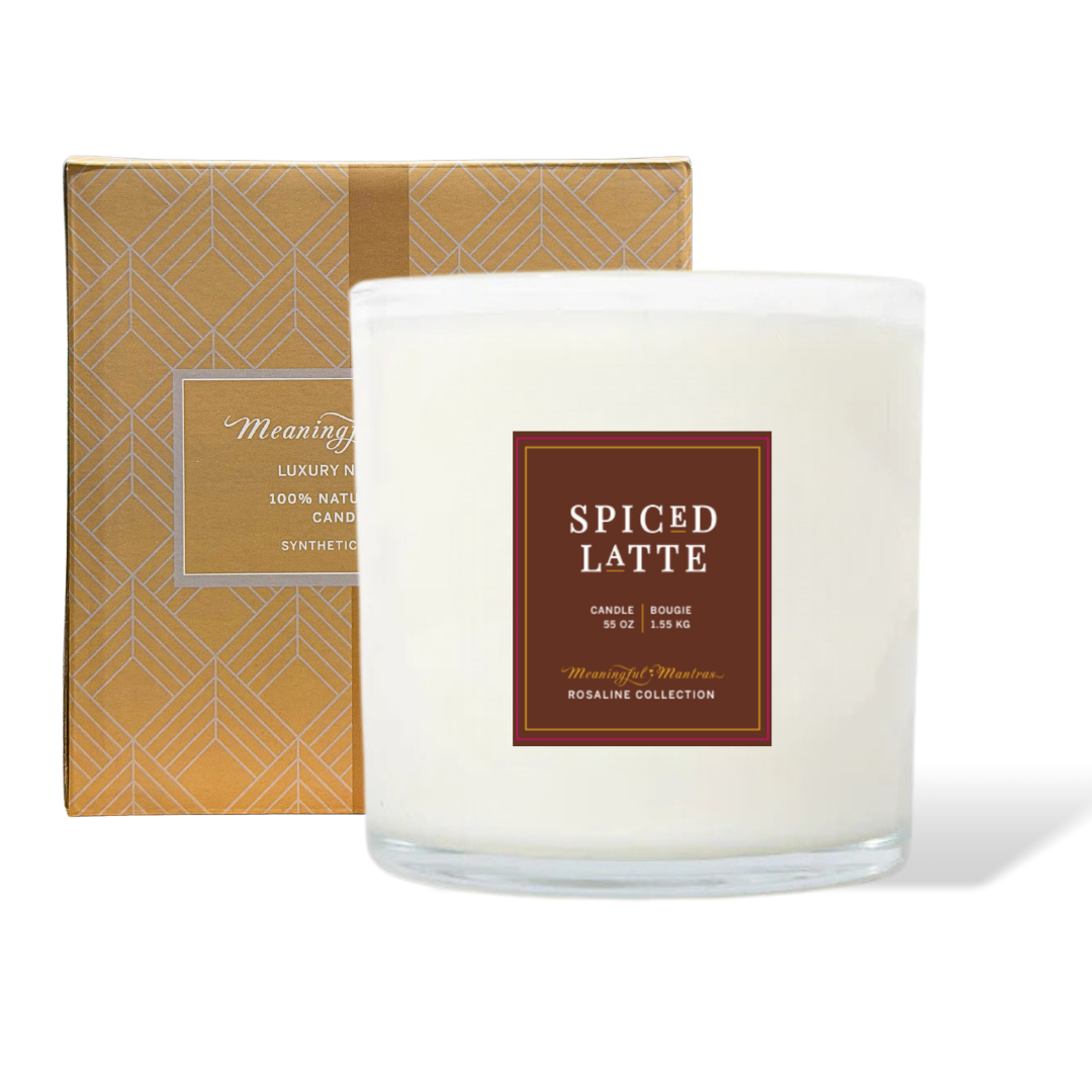 Spiced Latte candle in a clear glass jar with a brown label and patterned gift box