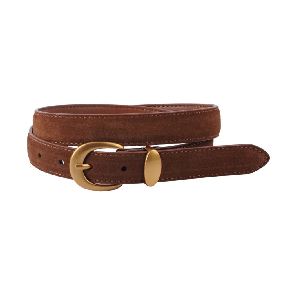 Brown suede belt with gold-tone buckle and pin closure