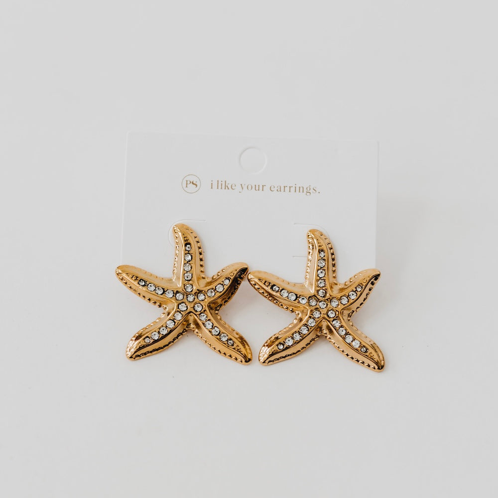 Starfish earrings, gold tone with crystal-studded starfish design