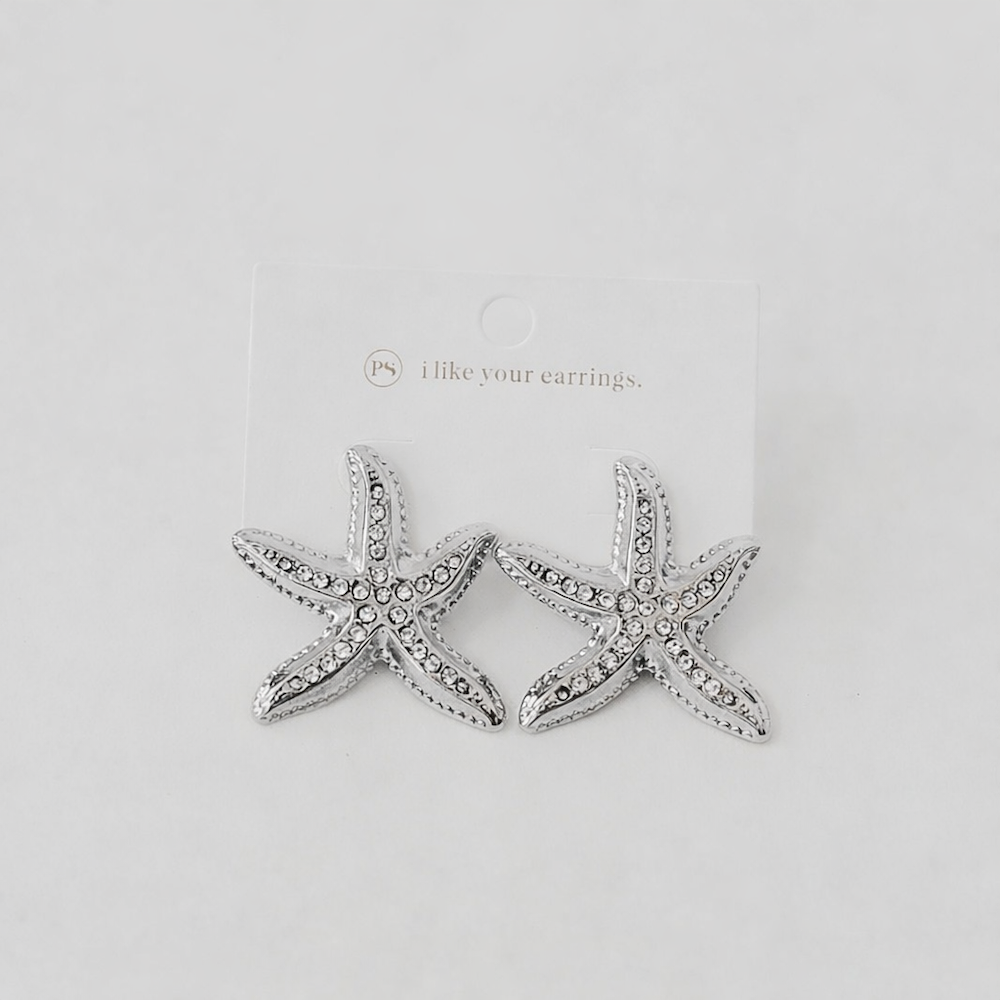 Starfish earrings, silver tone with crystal-studded starfish design