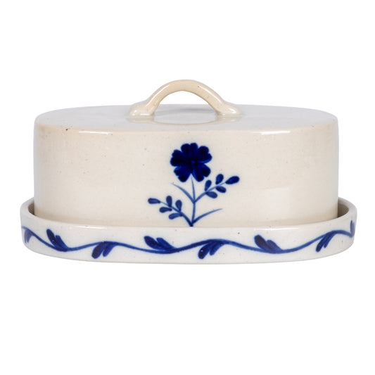 Stoneware butter dish with lid, cream finish, blue floral and vine design band