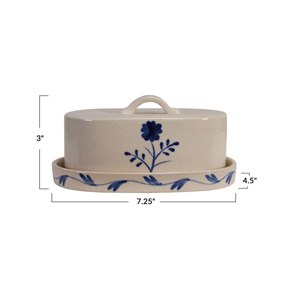 Butter dish with measurements, cream stoneware lid with blue flower and vine band