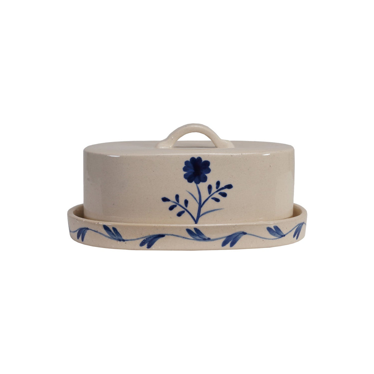 Cream stoneware butter dish with lid, blue flower center and vine band around base