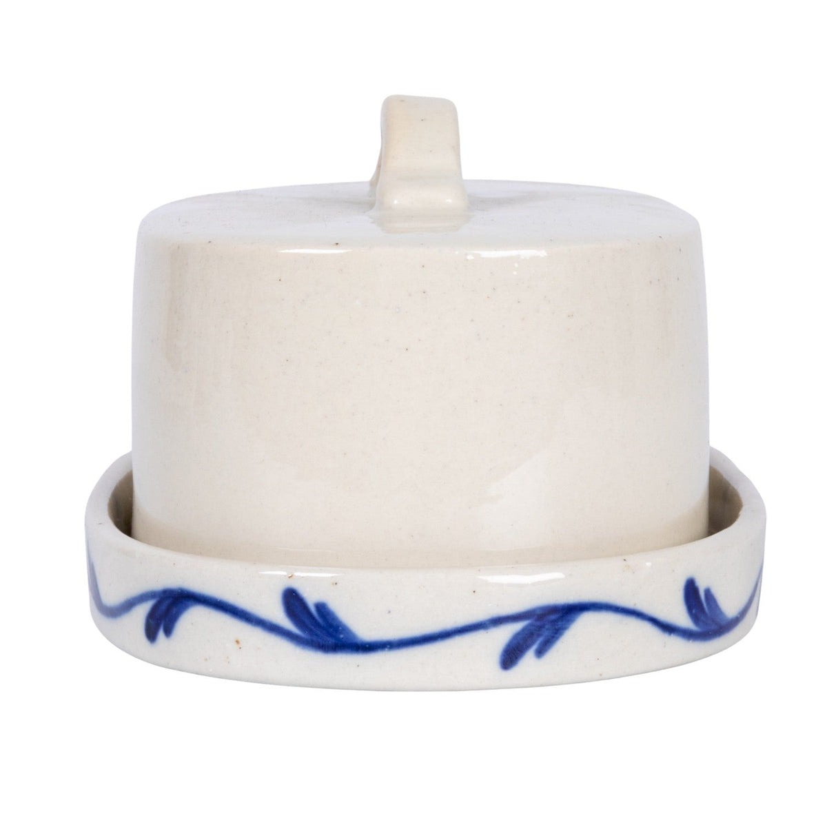 Stoneware butter dish lid with raised knob, cream glaze and blue border band