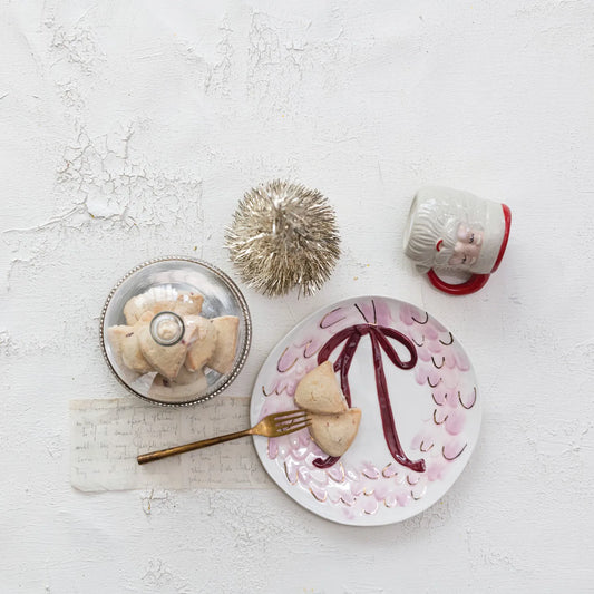 Stoneware wreath and bow serving platter with white, pink, red design and gold trim