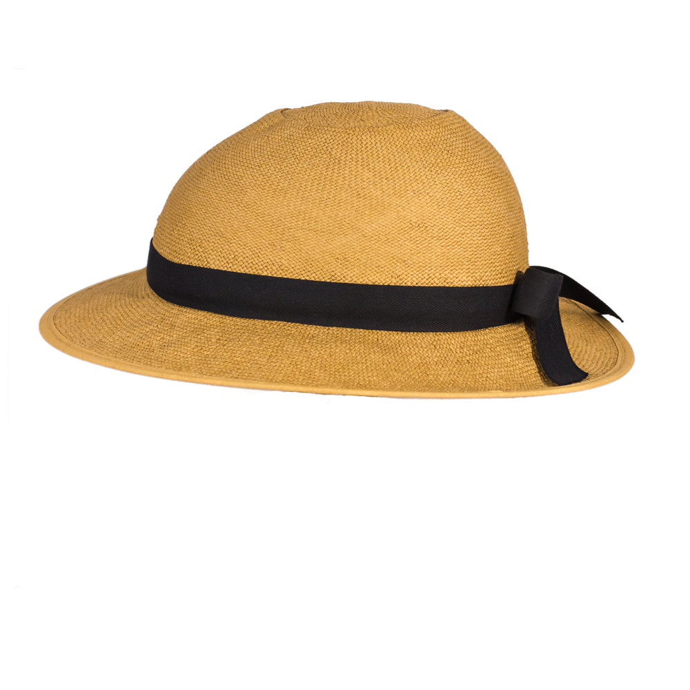 Tan straw wide-brim bike helmet hat with black band and chin strap