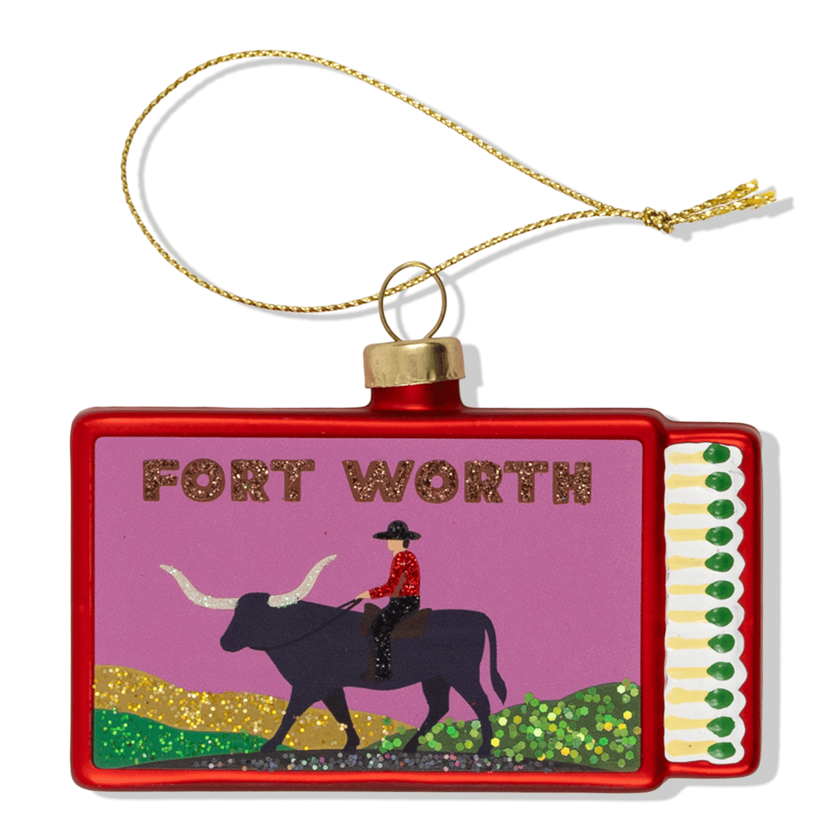 Fort Worth matchbook ornament with red frame, purple panel, gold tassel cord