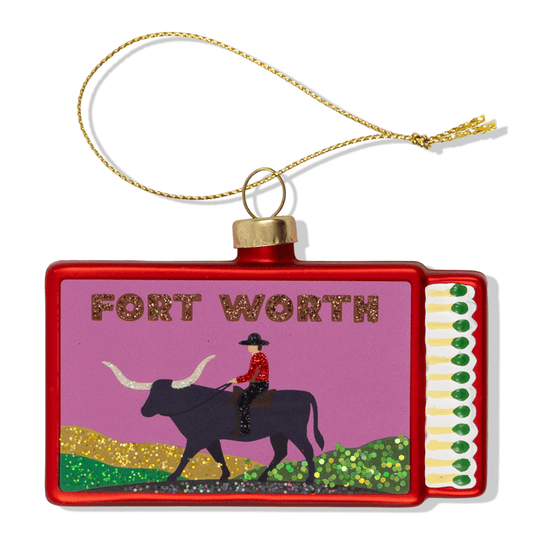 Fort Worth matchbook ornament with red frame, purple panel, gold tassel cord