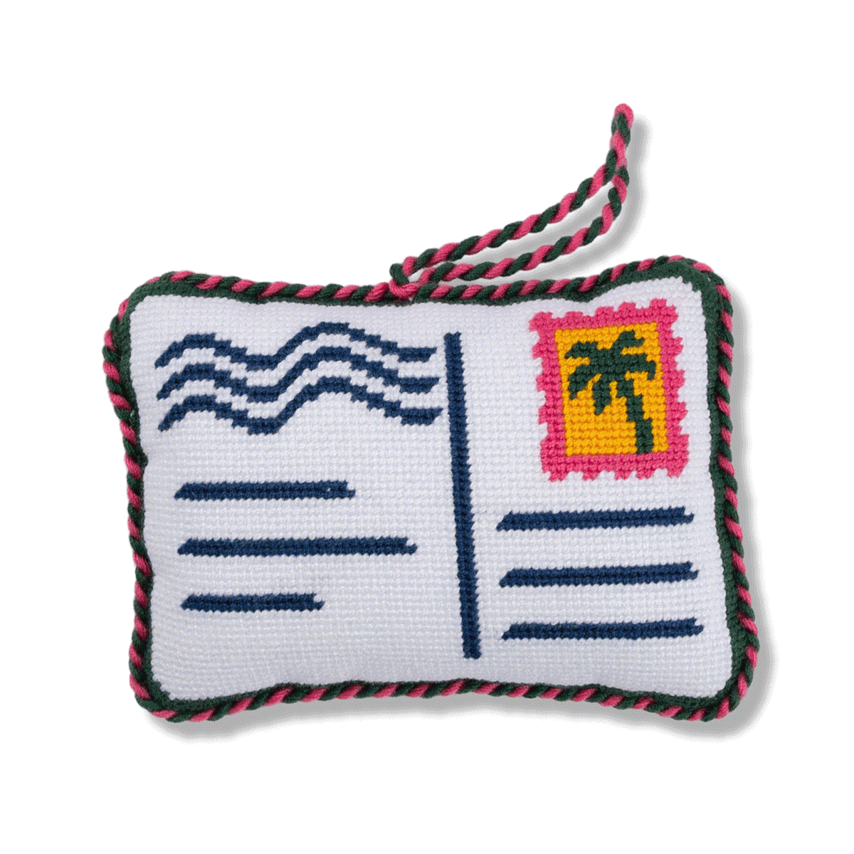 Needlepoint open-book postcard ornament with red green border and multicolor icon panel