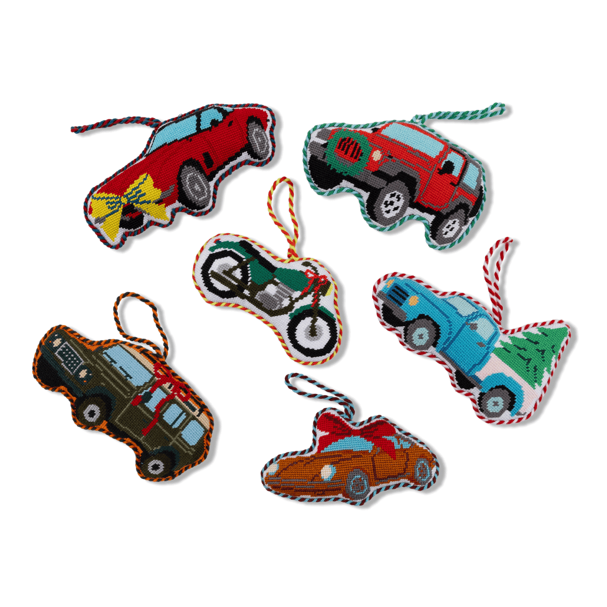 Needlepoint off-road truck icon ornaments, assorted red, blue, and orange with hanging loops