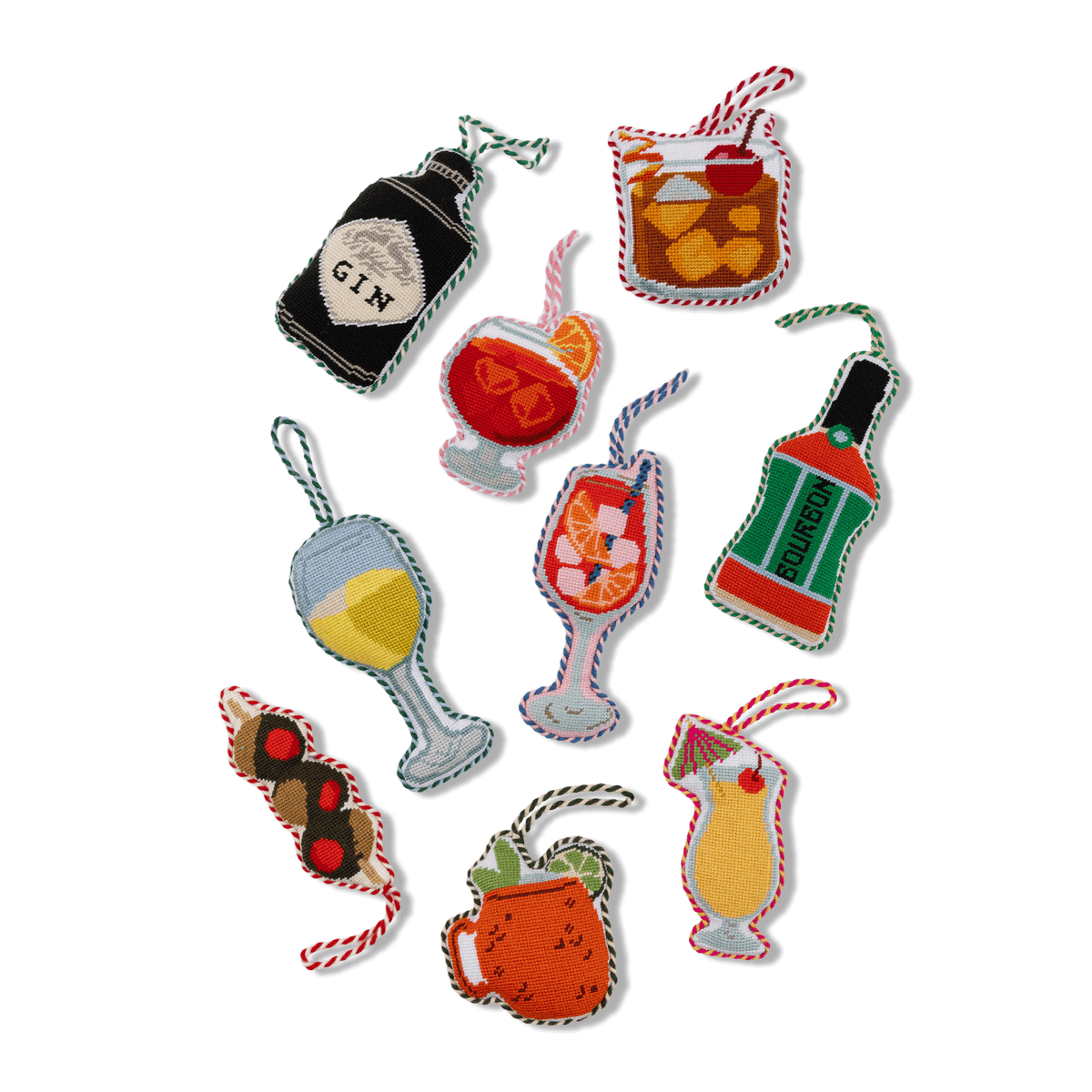 Set of needlepoint cocktail icon ornaments, assorted bottle and drink shapes with tags
