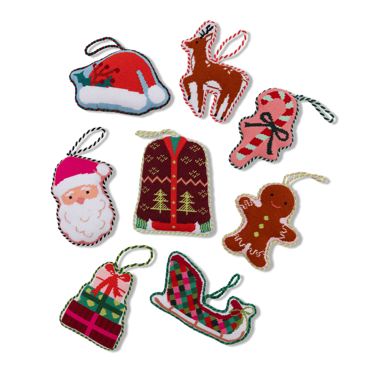 Needlepoint Christmas icon ornaments set, gingerbread-style figures with loops