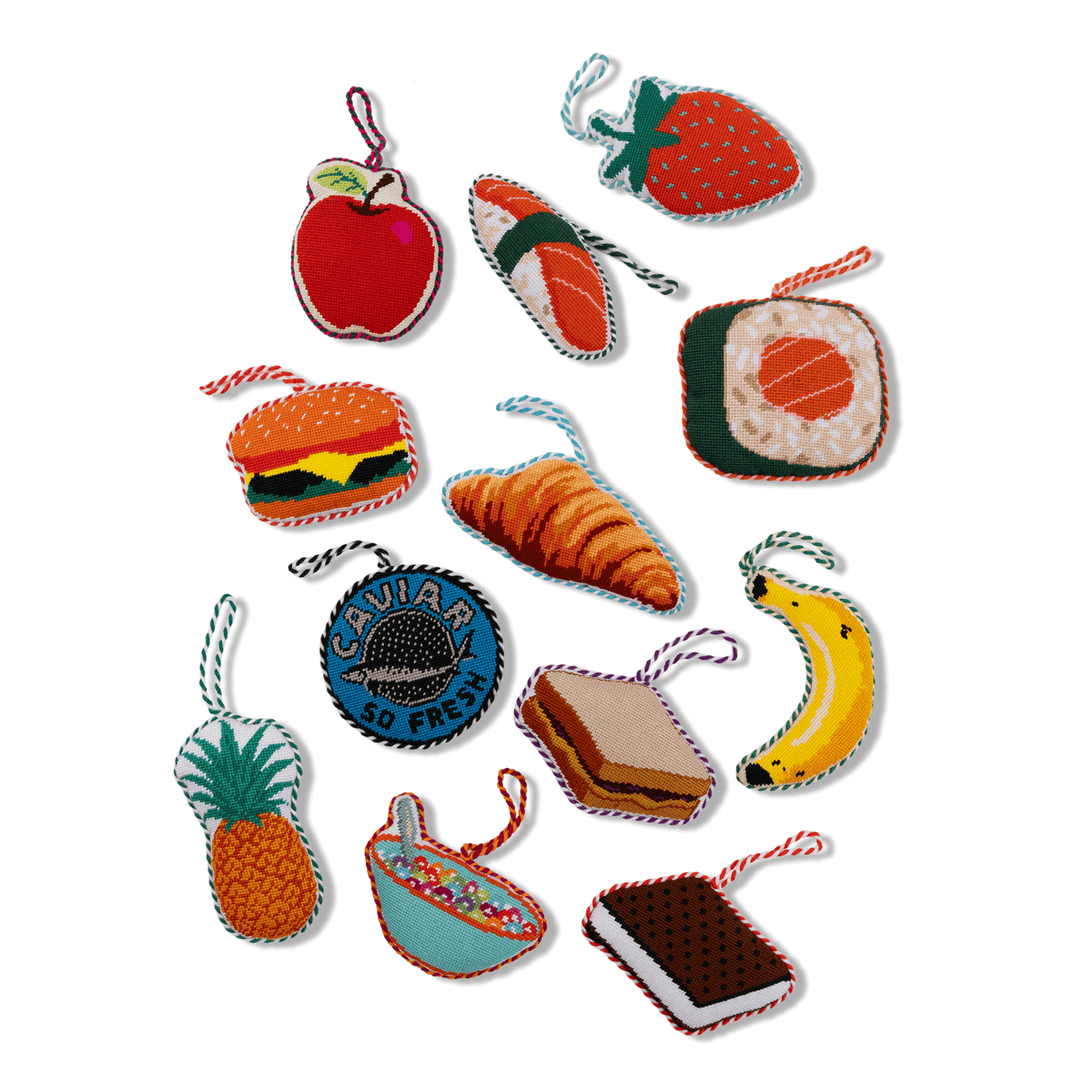 Needlepoint ice cream sandwich icon ornament, brown and white diamond with red-and-white trim