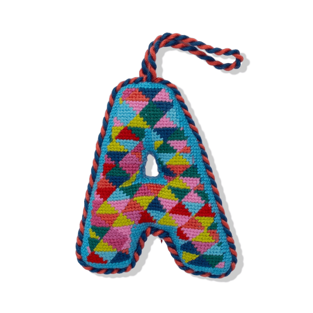 Needlepoint monogram ornament letter A in multicolor yarn with hanging braided loop