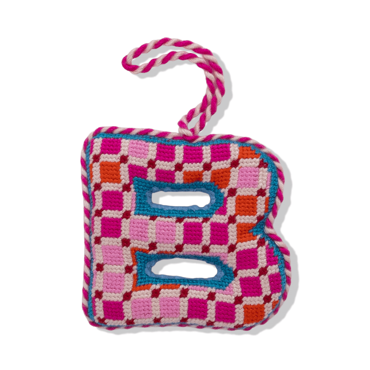 Needlepoint letter B ornament, multicolor plaid needlepoint with blue cutout and loop