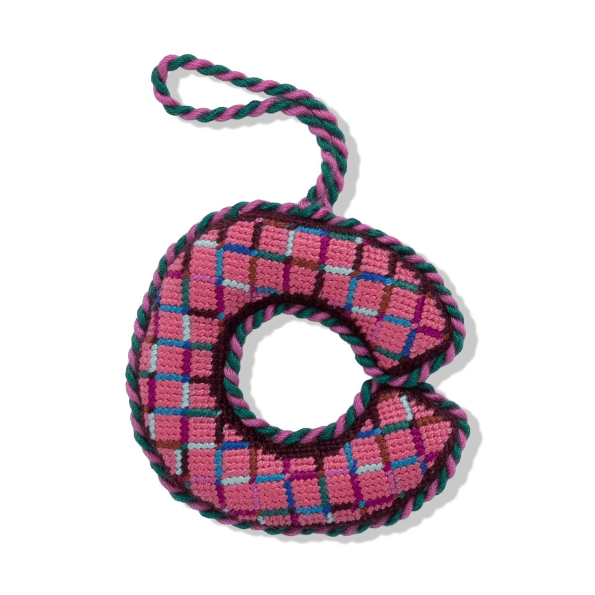 Needlepoint monogram ornament letter C, pink and teal checkered fabric ring with loop.