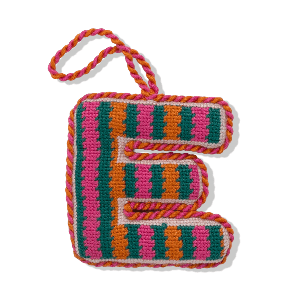Needlepoint monogram ornament letter E, colorful striped stitched design with loop hanger.