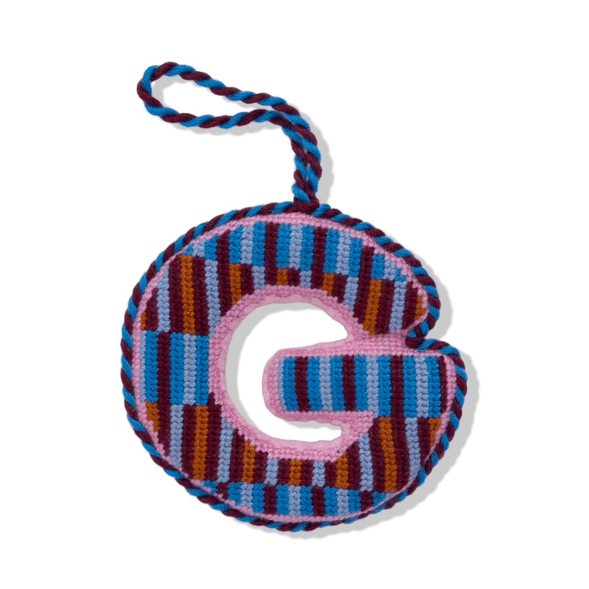 Needlepoint monogram ornament: letter G in multicolor striped needlepoint with loop cord