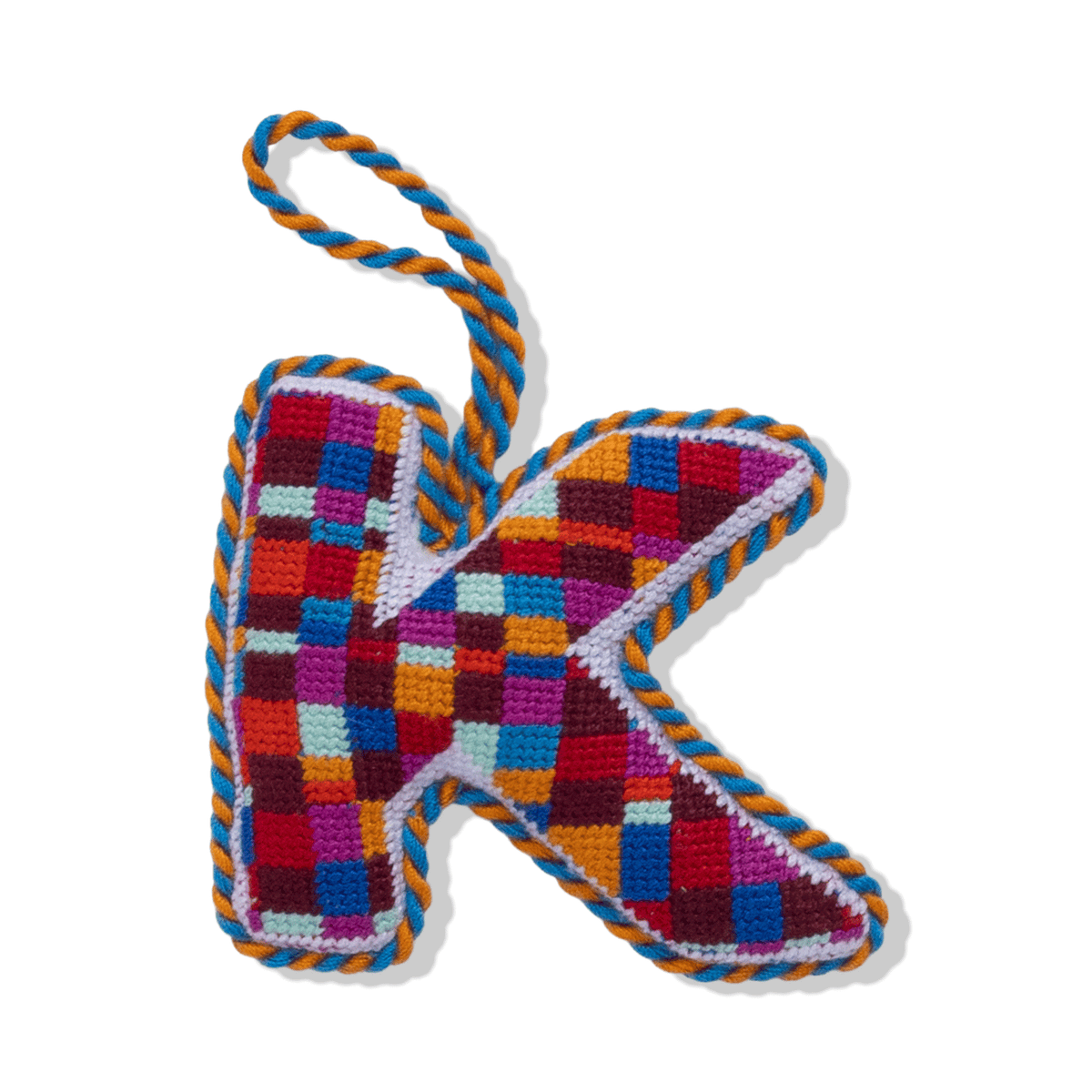 Needlepoint monogram ornament K, multicolor plaid yarn with hanging loop