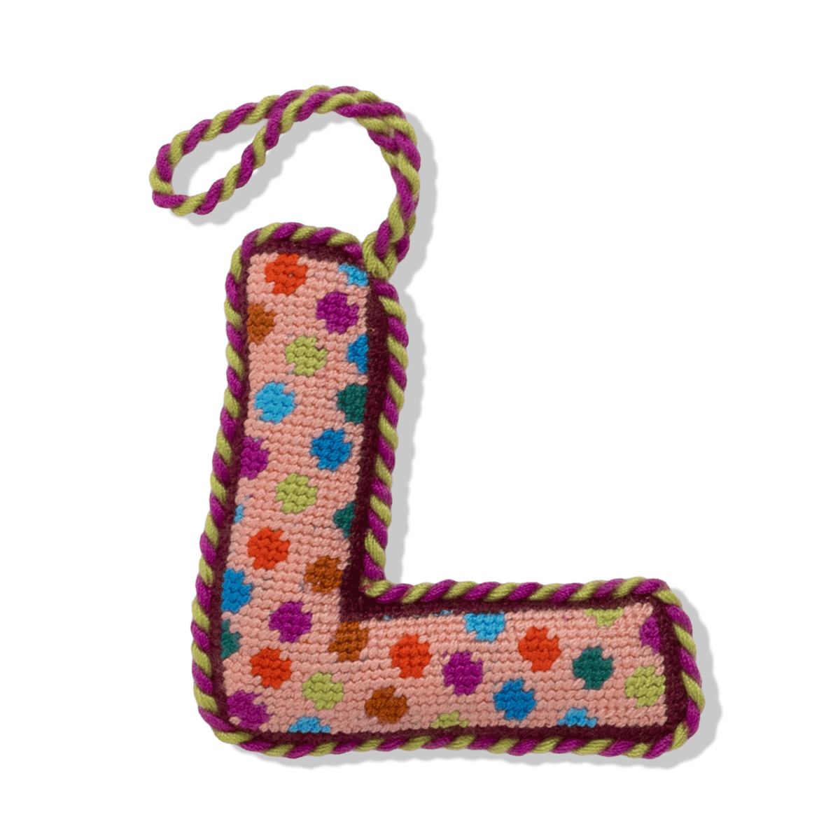 Needlepoint monogram ornament letter L with multicolor stitched pattern and hanging loop