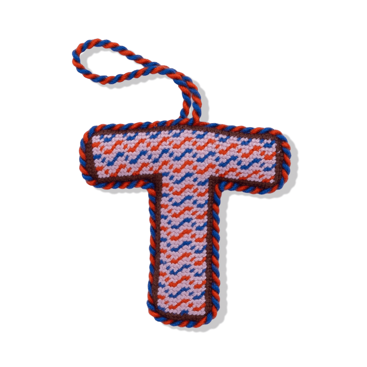 Needlepoint monogram T ornament, blue and orange stitch design with hanging loop